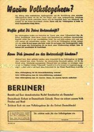 Propagandaflugblatt zum Volksbegehren für Einheit Deutschlands und gerechten Frieden