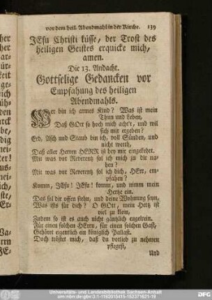 Die 13. Andacht. Gottselige Gedancken vor Empfahung des heiligen Abendmahls.