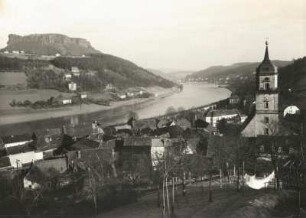 Königstein (Sächsische Schweiz). Stadtteilansicht mit Blick zum Lilienstein, elbaufwärts gesehen