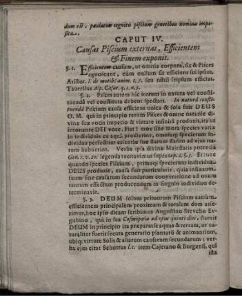 Caput IV. Causas Piscium externas, Efficientem & Finem exponit