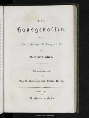 Die Hausgenossen : eine Erzählung für Jung und Alt