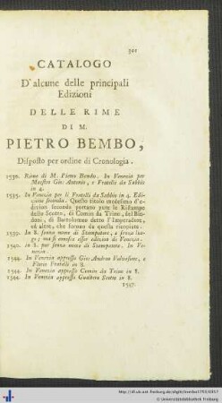 Catalogo D‘ alcune delle principali Edizioni Delle Rime Di M. Pietro Bembo