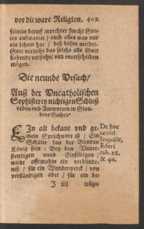 Die neundte Ursach/ Auß der Uncatholischen Sophisterey nichtigen Schluß reden und Antworten in Glaubens Sachen.