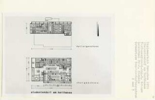 Studentendorf am Herthasee, Berlin-Charlottenburg (Diplomarbeit bei Bernhard Hermkes): Gemeinschaftszentrum, Grundrisse Kellergeschoss und Obergeschoss