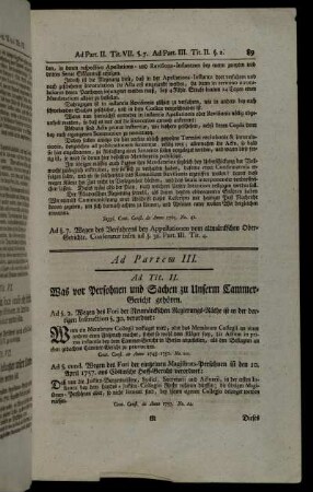 Ad Tit. II. - Was vor Persohnen und Sachen zu unserm Cammer-Gericht gehören. - Ad Tit. III. Was für Sachen zur Cognition des Cammer-Gerichts gehören.