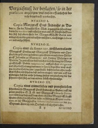 Verzeichnuß der beylagen/ so in praefation angezogen/ und in diesem offentlichen bericht beygedruckt worden seyn.