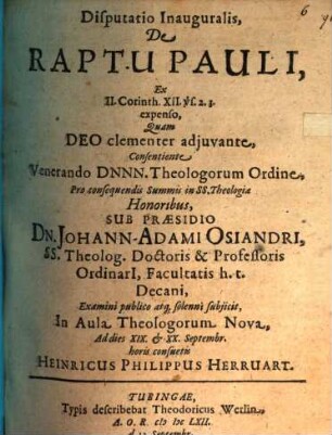 Disp. inaug. de raptu Pauli, ex 2 Cor. XII, 2. 3. expenso