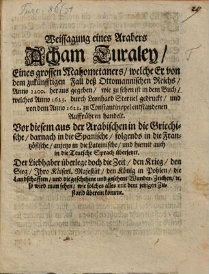 Weissagung ... von dem zukünftigen Fall des Ottomannischen Reichs