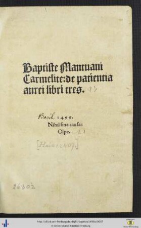 Baptiste Mantuani Carmelite: de patientia aurei libri tres