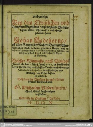 Leichpredigt bey dem Begräbnis Johann Badehorns