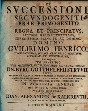 Dissertatio de successione secundogeniti prae primogenito in regna et principatus