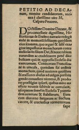 Petitio Ad Decanum ... recitata a clarissimo viro M. Casparo Peucero.