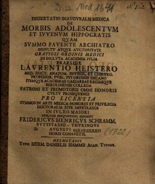 Dissertatio Inavgvralis Medica De Morbis Adolescentvm Et Ivvenvm Hippocratis