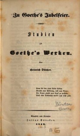 Zu Göthe's Jubelfeier : Studien zu Göthe's Werken