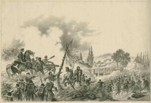 Kampf um die Tauberbrücke von Tauberbischofsheim am 24.07.1866: Soldaten und Offiziere in Uniform, teilweise zu Pferd, in Kampfhandlungen verwickelt, eine Knone wird geladen, Abtransport eines Verwundeten