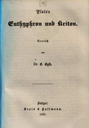 Plato's ausgewählte Werke, 4.. Euthyphron und Kriton