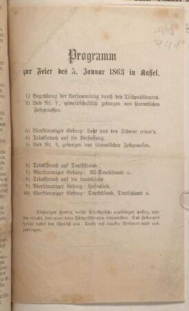 Programm zur Feier des 5. Januar 1863 in Kassel.