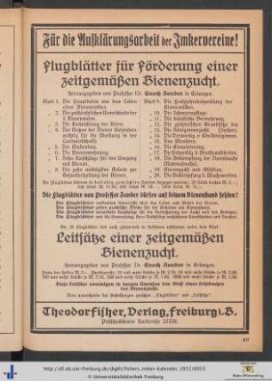 Liste aller erschienen Flugblätter für Förderung einer zeitgemäßen Bienenzucht.