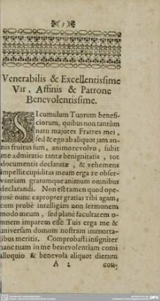 Venerabilis & Excellentisime Vir, Affinis & Patrone Benevolentisime.