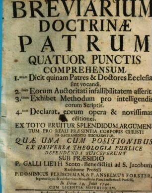Breviarium doctrinae patrum : quatuor punctis comprehensum ... ; ex toto eruitur splendidum argumentum pro reali praesentia corporis Christi in sacramento eucharistiae