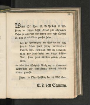 [Placat, betreffend die Verfertigung der Mobilien hieselbst.]