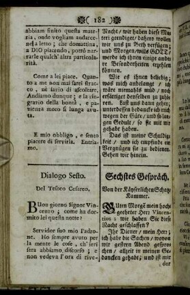 Dialogo Sesto. Del Tesoro Cesareo. = Sechstes Gespräch. Von der Käyserlichen Schatzkammer.