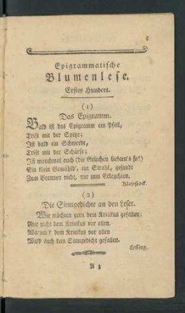 Epigrammatische Blumenlese. Erstes Hundert