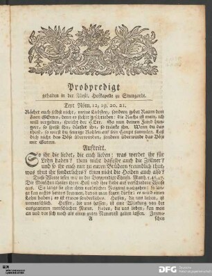 Probpredigt gehalten in der Fürstl. Hofkapelle zu Stuttgardt.