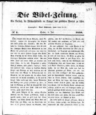 Die Bibelzeitung. N[umer]o 1. Probe-Nummer. (Sammlung Friedlaender)