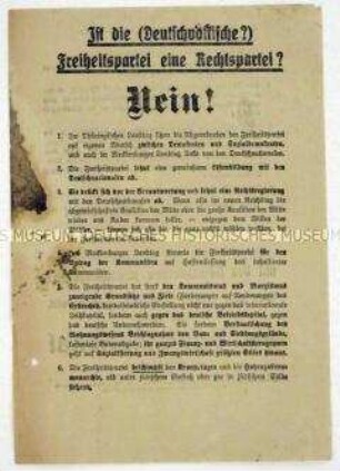 Propagandaflugblatt der DNVP mit Polemik gegen die Deutschvölkische Freiheitspartei wegen "stark dem Kommunismus ... zuneigenden Grundsätzen und Zielen"