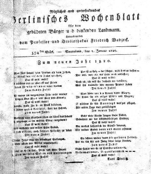 574stes Stueck, Sonnabend, den 1. Januar 1820