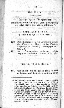 Anl. No. V. Fortgesetztes Verzeichniß der zur Bibliothek der Schl. Holst. Bibelgesellschaft gehörenden Bibeln und andern Schriften.