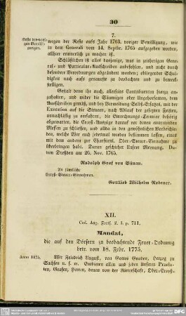 XII. Mandat, die auf den Dörfern zu beobachtende Feuer-Ordnung betr. vom 18. Febr. 1775