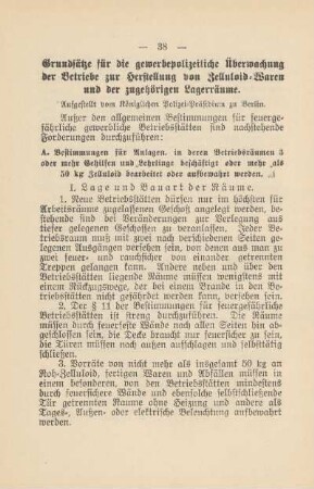 Grundsätze für die gewerbepolizeiliche Überwachung der Betriebe zur Herstellung von Zelluloid-Waren und der zugehörigen Lagerräume
