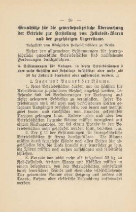 Grundsätze für die gewerbepolizeiliche Überwachung der Betriebe zur Herstellung von Zelluloid-Waren und der zugehörigen Lagerräume