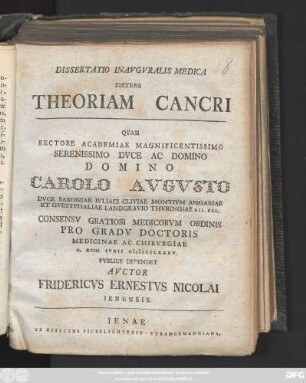 Dissertatio Inavgvralis Medica Sistens Theoriam Cancri