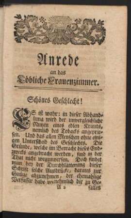 Anrede an das Löbliche Frauenzimmer. Schönes Geschlecht!