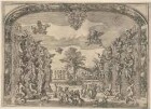 Bühnenbild zur Oper "La Caduta del Regno dell’Amazzoni" (zweites Intermezzo: Hexensabbat am Nussbaum zu Benevent), aus der 1690 in Rom publizierten Edition des Librettos