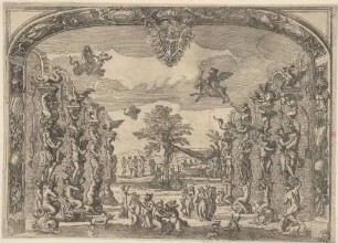 Bühnenbild zur Oper "La Caduta del Regno dell’Amazzoni" (zweites Intermezzo: Hexensabbat am Nussbaum zu Benevent), aus der 1690 in Rom publizierten Edition des Librettos