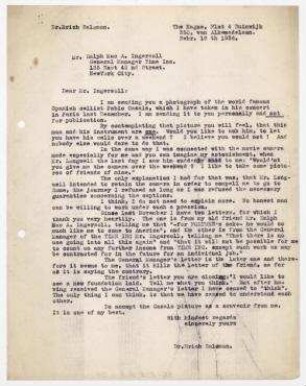 Brief aus Den Haag an Ralph Mc Allister Ingersoll, TIME