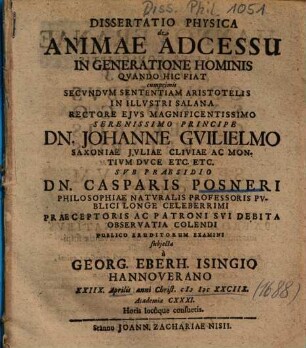 Dissertatio Physica de Animae Adcessu In Generatione Hominis Qvando Hic Fiat : cumprimis Secvndvm Sententiam Aristotelis ...