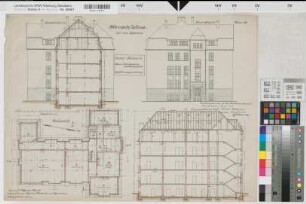 Münster (Münster) Trainkaserne Mannschaftshaus (5. Eskadron) Bl. 28 Grundriß, Ansicht, Schnitte (1913)1917 1 : 100 50 x 67 farb. Druck Maschke, Regierungsbaumeister Hochbauamt Münster