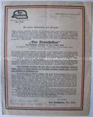 Rundschreiben des Stahlhelm-Bundes mit Werbung für den Kalender "Der Frontsoldat"