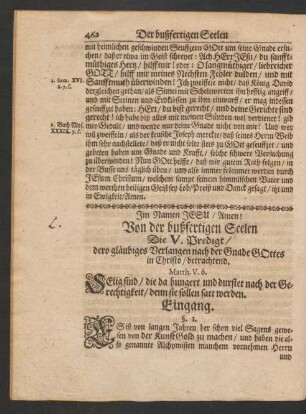 Von der bußfertigen Seelen Die V. Predigt/ dero gläubiges Verlangen nach der Gnade Gottes in Christo/ betrachtend. Matth. V. 6.