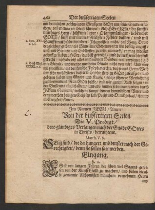 Von der bußfertigen Seelen Die V. Predigt/ dero gläubiges Verlangen nach der Gnade Gottes in Christo/ betrachtend. Matth. V. 6.