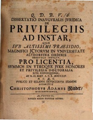 Dissertatio Inavgvralis Jvridica De Privilegiis Ad Instar
