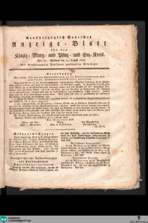 Grossherzoglich Badisches Anzeige-Blatt für den Kinzig-, Murg- und Pfinz-Kreis, Großherzoglich Badisches Anzeige-Blatt für den Kinzig-, Murg-, Pfinz- und Enz-Kreis