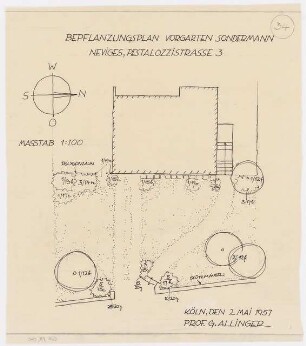 Gartenanlagen und Gärten Wohngebiet Burgfeld, Neviges: Bepflanzungsplan für den Vorgarten Sondermann, Pestalozzistr. 3: Grundriss 1:100