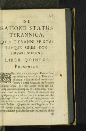 De Ratione Status Tyrannica, [...] Liber Quintus.