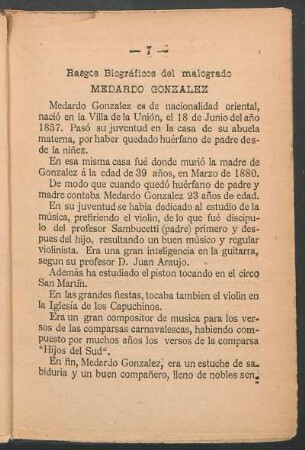 Rasgos biográficos del malogrado Medardo Gonzalez